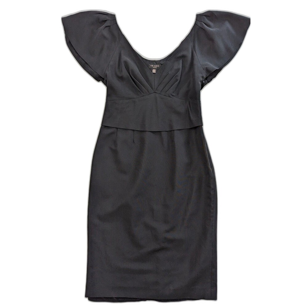 Ted Baker Sample Dress Size 2 Solid Black Flutter Sleeve Button Detail